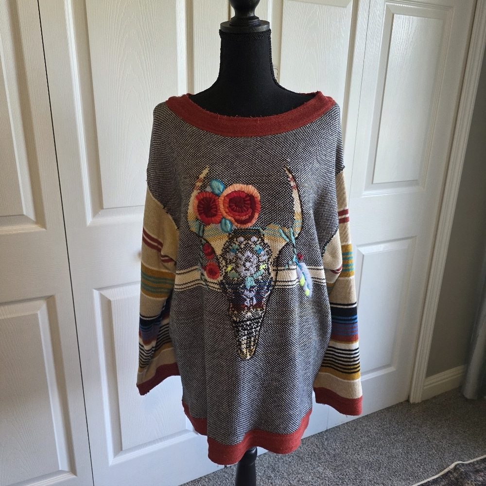 Free People Multicolor Striped Sweater with Embroidered Skull - Picture 3 of 9